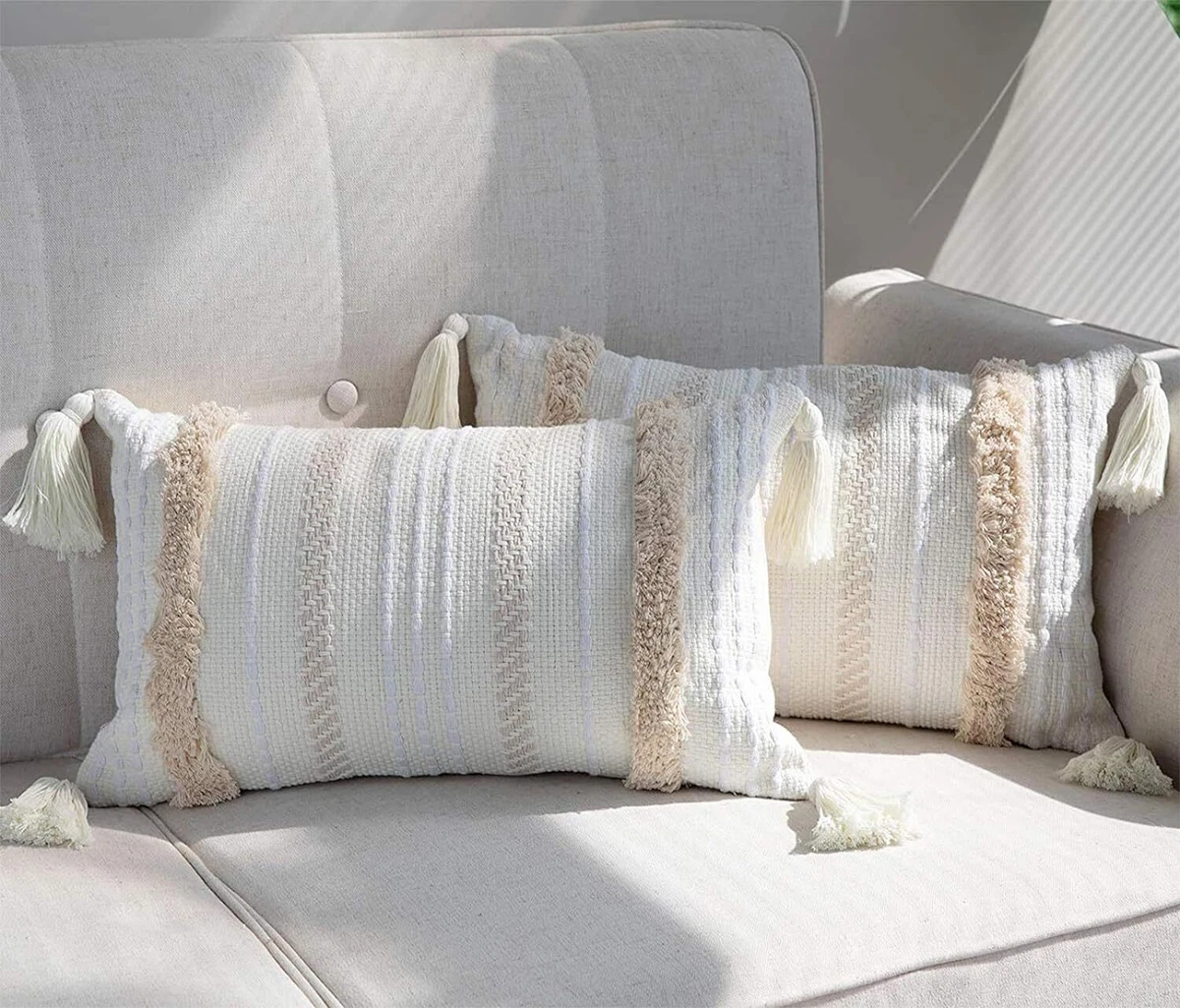 Set of 2 Boho Pillow Covers Tufted Neutral 12x20 Lumbar Pillow