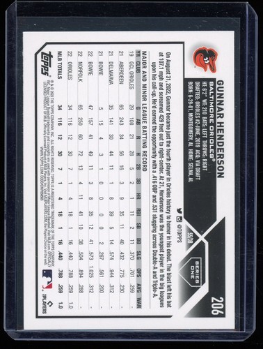 2023 Series 1 Base #206 Gunnar Henderson Baltimore Orioles - Picture 2 of 2
