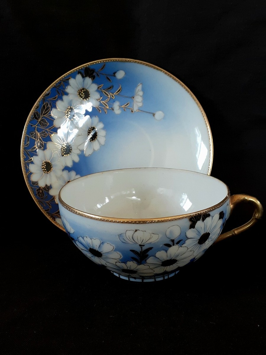 一茶 Antique Nippon hand painted blue eggshell porcelain Dasies