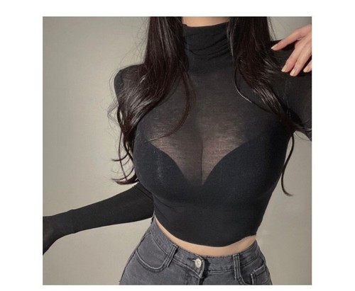 Womens Turtleneck Crop Mesh Transparent Lace Long Sleeve Stretched Top New - Picture 11 of 25