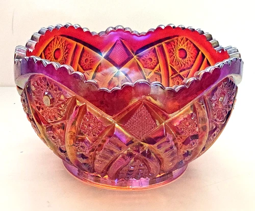 Vintage Cut Carnival Glass 8" X 5" Bowl, Iridescent Marigold/Orange