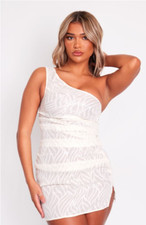 BNWT New Ladies Pretty Little Thing Champagne Sequin One Shoulder Dress Size 14