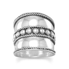 Sterling Silver Bali Ring with Flat Beads in the Center and Rope Edge