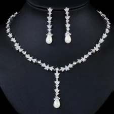 Gorgeous CZ Long Leaf Pearl Necklace and Earring Costume Jewelry Set for Fiancee