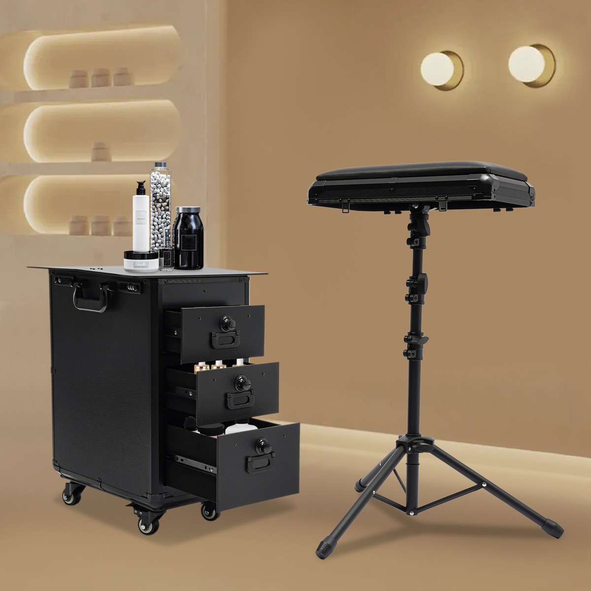 3 In 1 Tattoo Travel Cases With Tattoo Armrest Stand Rolling