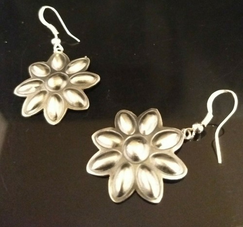 Southwestern Repousse' Dangle Drop Oxidized Sterling Silver Flower Earrings - Picture 4 of 10