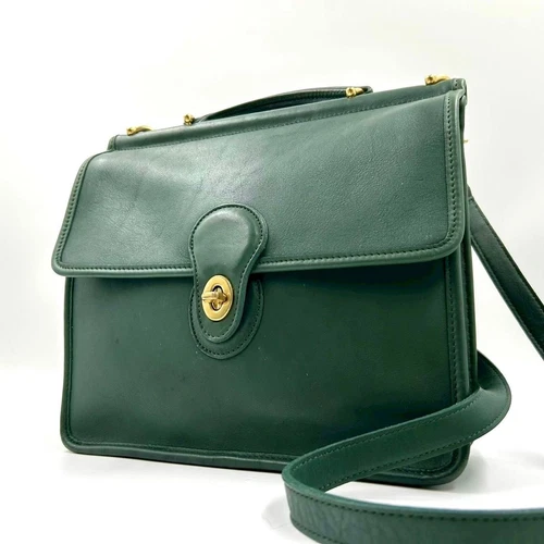 Vintage Coach 9927 2way Shoulder Bag Willis Bag Turn Lock Green Leather Authen - Picture 1 of 16