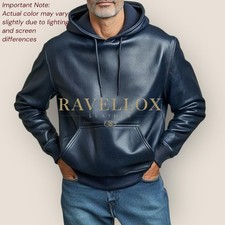 Men’s Blue Genuine Leather Hoodie Pullover | Premium Lambskin Hoodie