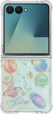 Samsung Galaxy Z Flip 7 Case Cute Clear Planet Stars Moon Design Glitter Bling