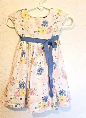 Ralph Lauren Girls Floral Fit & Flare Knee Length Dress with Blue Bow 9 mo