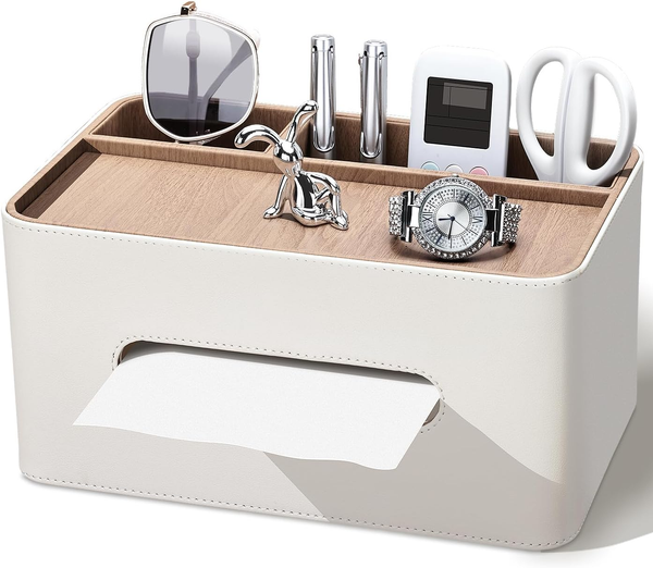 Kingfom TaschentüCher Box Mit 2 FäChern, PU Leder Taschentuchbox KosmetiktüCherb-image