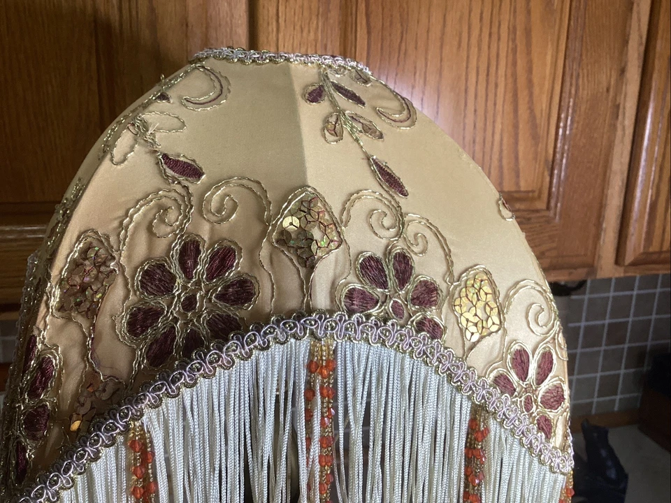 Victorian Downton Abbey Style Tan Fabric Fringe Tassels Lampshade-11” Diameter - Image 4 of 4