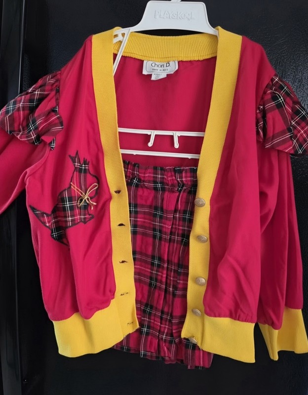 Vintage Chari D, Paid  Scottie Dog Cardigan And Plaid Skirt Outfit, collectible 