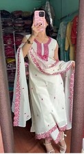 Beautiful Pure Roman Silk Salwar Kameez With White Dupatta For Festival Wear
