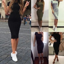 Sexy Damen Freizeit Rundhals Stretch Bodycon Kleid Kurzärmelig Midi-Kleider
