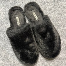 MICHAEL KORS Black Faux Fur Slippers 8M Logo Trim Cozy Mules