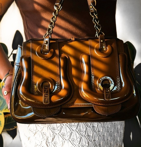 Authentic Fendi Handbag Brown/Khaki Patent Leather B Bag Oversize Buckle Vintage