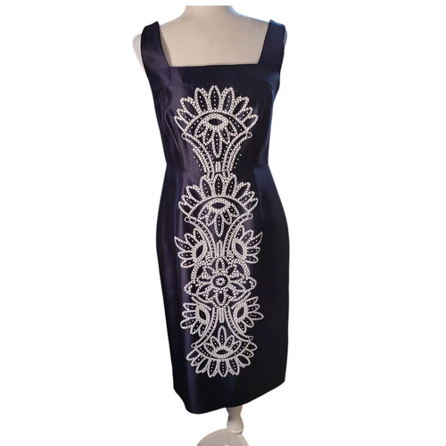 Abito Tory Burch in seta taglia 8 senza maniche giglio a tubino blu navy con ricamo bianco