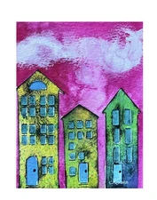 Aceo Painting Original Whimsy Houses By Kenna 2.5” X 3.5” Signed