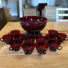 Vintage Anchor Hocking Ruby Red Punch Bowl Set 14 Pc with Stand & 12 Cups