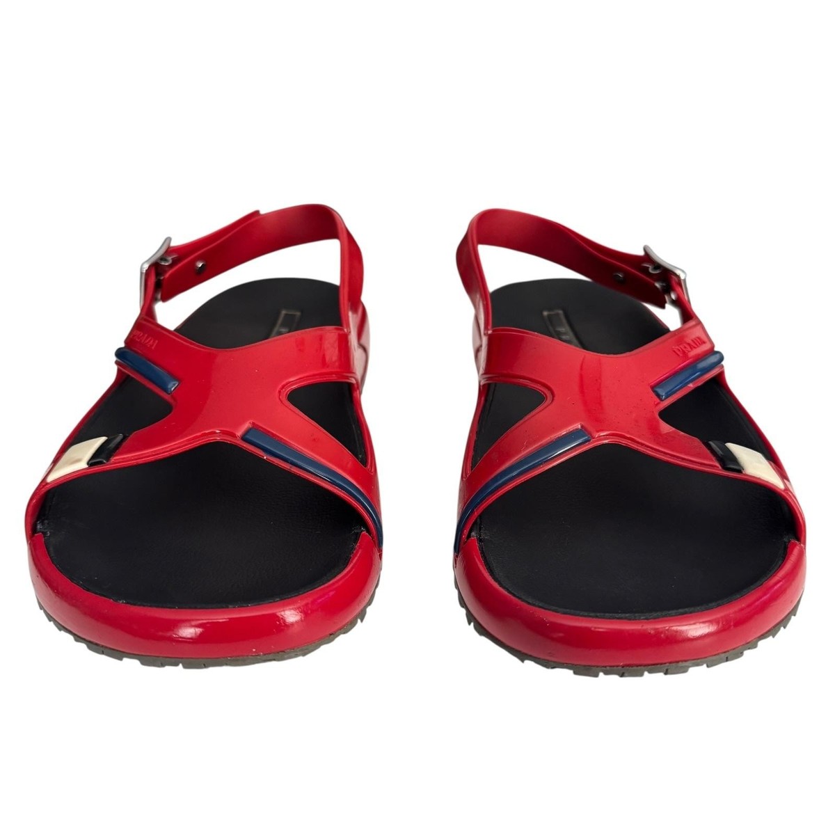 Prada Sandals Mens Size 8 Red Rubber Strap Buckle Flat Shoes