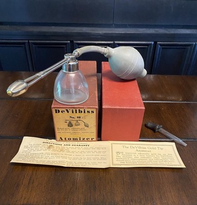 Antique DeVilbiss No.16 Glass Gold Tip Atomizer With Box And Instructions
