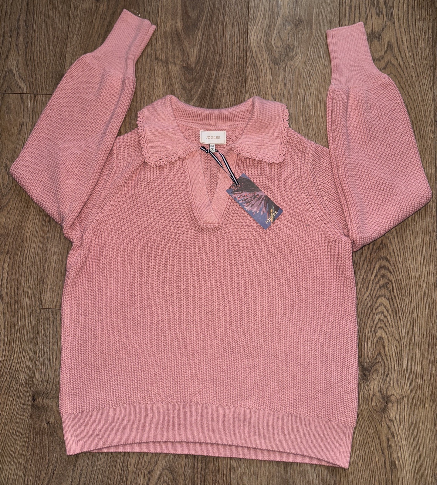 Joules Ladies Evangeline Ribbed Crochet Collar Jumper- Cream - Size 16 UK