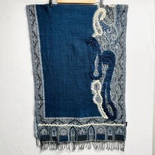 Ahujasons Wool Scarf Blue Gray Paisley Embellished Fringe Shawl Wrap