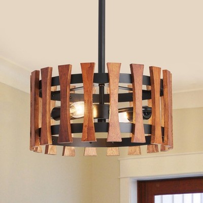 2-Light Farmhouse Wood Pendant Lights Rustic Wood Chandeliers with Black Meta...