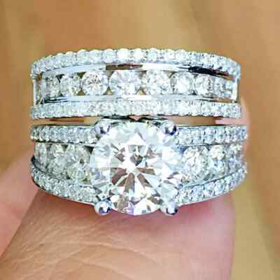 2,96 TCW Rundschliff Moissanit Braut Set Verlobungsring 14k Weißgold plattiert