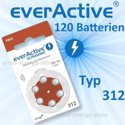 120 x EverActive Typ 312 Ultrasonic Hörgerätbatterien Hörgerät Batterie