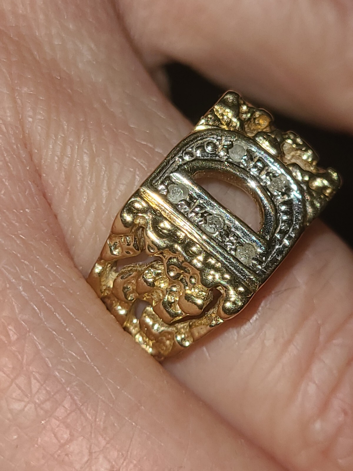 14k Gold Diamond Initial Ring, Solid Gold Nugget … - image 4