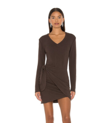 Monrow M Super Soft Brown Dress Faux Wrap Stretch Casual Fall Sweater | eBay