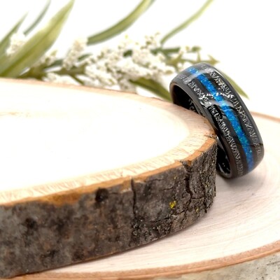 8mm Black Tungsten Wedding Ring Blue Opal Inlay & Detailed Silver Meteorite Band