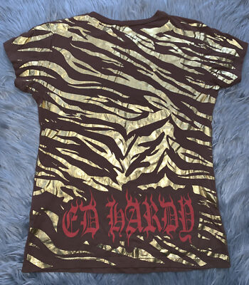 Ed Hardy Y2K Brown Striped Love Kills Slowly Skull Rhinestone