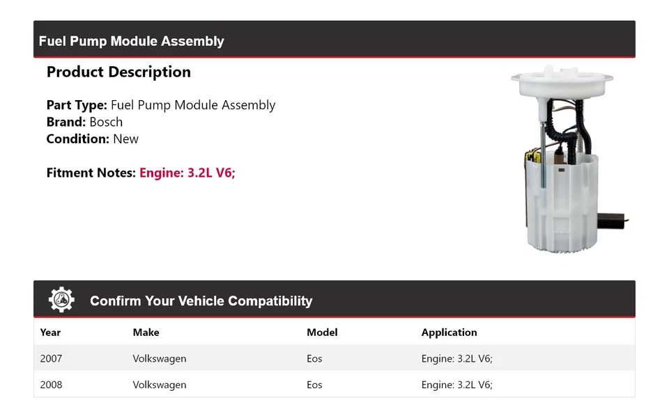 适用于 2007 - 2008 年大众 Eos 3.2L V6 博世燃油泵模块组件 — 第 2/4 张图片