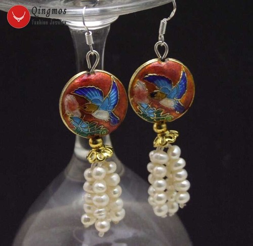 4-5mm Round Natural White Pearl Earring Women 18mm Blue Cloisonne Dangle Earring - Picture 21 of 28