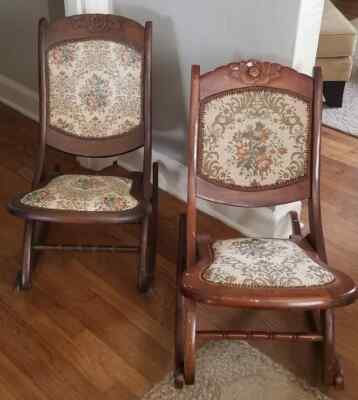 Pair of Antique Victorian Style Wood Folding Rocking Chairs