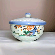 4 Vintage Japan Lids Yunomi Tea Cups Handpainted Blue Trimmed Porcelain Signed