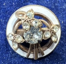 Vintage White Enamel With Copper Toned Rhinestone Circle Brooch Pin