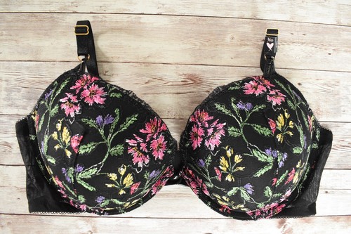 Victoria's Secret 36D/M *VERY SEXY* FLORAL EMBROIDERED PUSH-UP BRA SET *Black* - Picture 2 of 10