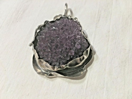 Modernist 925 Sterling Silver Natural Amethyst Crystals Cluster Pendant