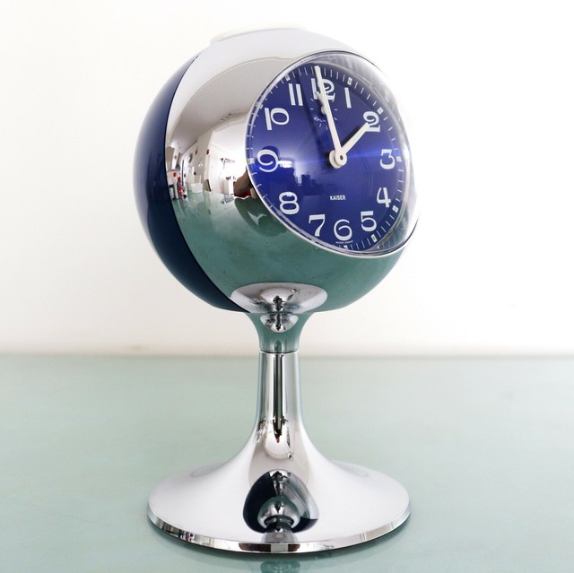 KAISER RETRO Alarm Mantel Vintage TOP Clock BLUE DIAL Space Age CHROME