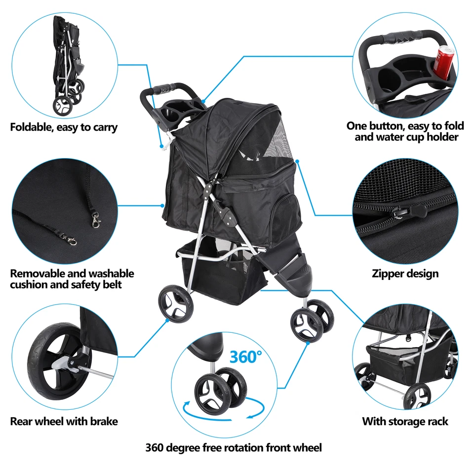 Dog Stroller 3 Wheels Pet Stroller Foldable Dog Cat Carrier Strolling w/Cup Hold - Image 2 of 4
