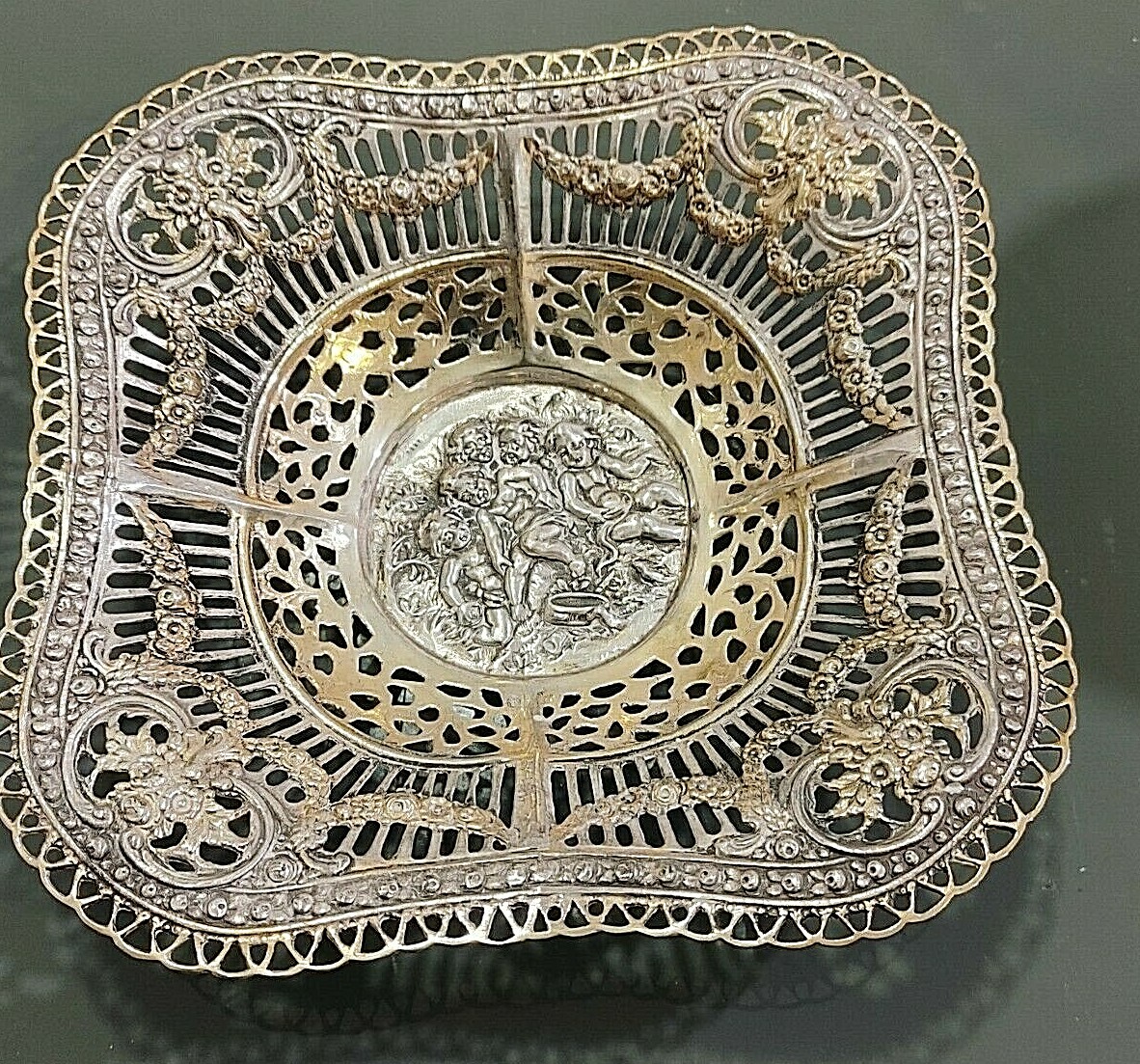 Beautiful Antique German Solid Silver And Vermil Square Basket Dish - Main Image