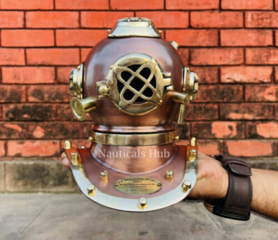 Vintage Mini Taucherhelm 6'' Taucher Taucherhelm Boston mit braunem Holzsockel