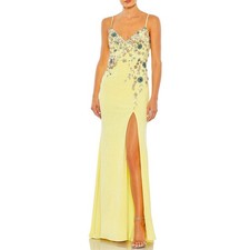 Mac Duggal 42006 Yellow Evening Gown Backless Floral Beaded A-Line Dress Size 10