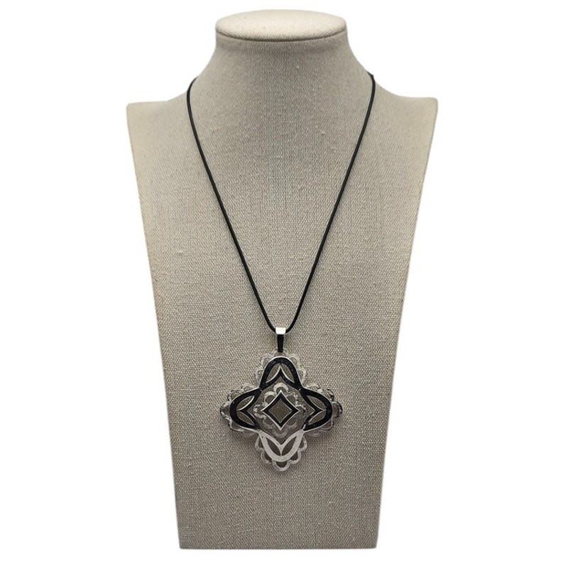 Geometric Silver & Black Enamel Statement Pendant… - image 1