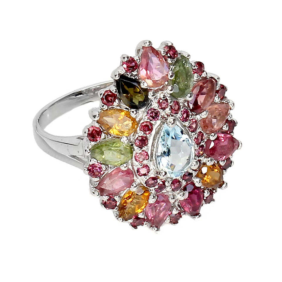 925 Anello Argento Sterling Pera Acquamarina Tormalina Gemma Gioielli Misura 8.5 - Immagine 3 di 4