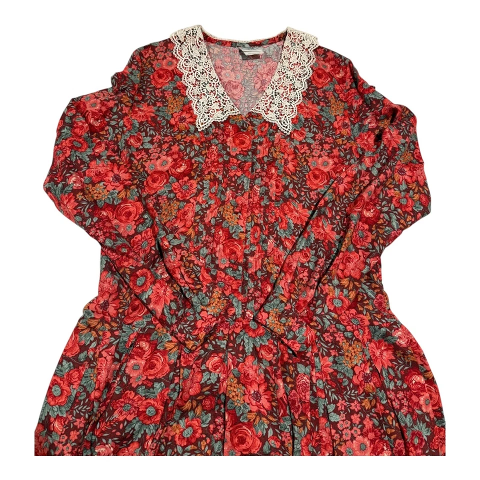 Maxi Vestido Vintage Laura Ashley Para Mujer 8 Rojo Floral Cuello Encaje Cabaña Pradera Foto 2 de 4